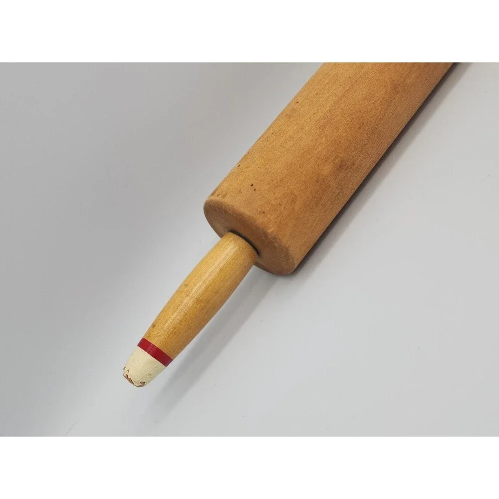 Vintage Wooden Rolling Pin Painted Red & Cream Tips of Wood Handles 18